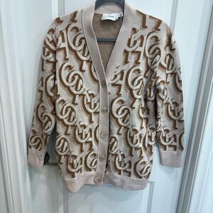 Coach Beige + Brown Logo Jacquard Cardigan